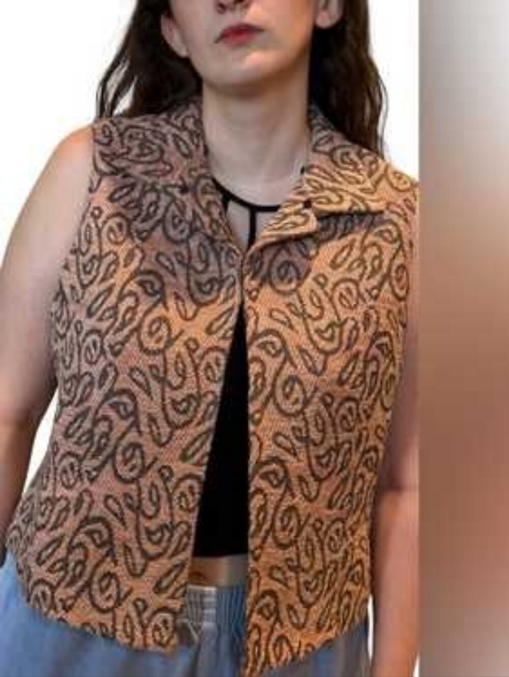 Bob Mackie Studio Pink & Charcoal Gray Brocade Sleeveless Vest Size 6 Vintage